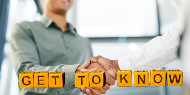two people shaking hands with the text "get to know"