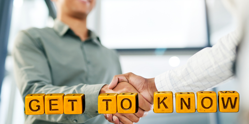 two people shaking hands with the text "get to know"
