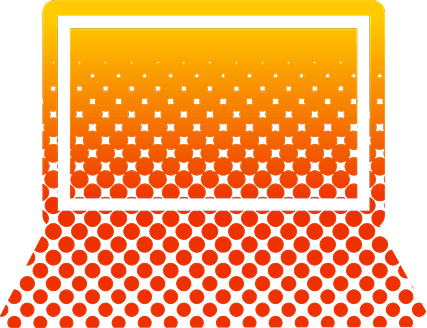 A stylized laptop icon with a gradient transitioning from yellow to orange and red, featuring a halftone dot pattern across the screen and keyboard