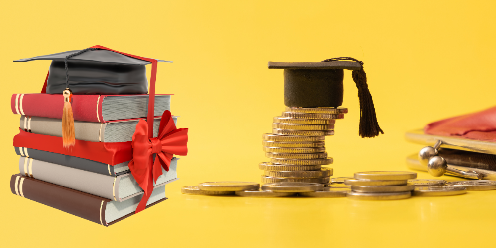 graduation caps on top of books and coins